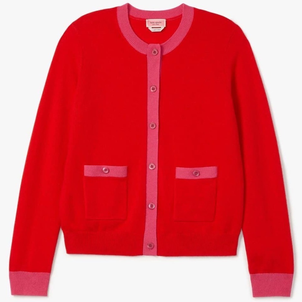 Kate Spade Colorblock Cashmere Gallery Cardigan Red Pink KA429 Medium - Picture 2 of 12